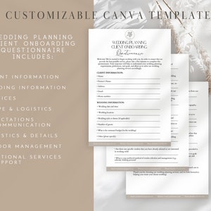 May include: A customizable Canva template for wedding planning client onboarding questionnaires. The template includes sections for client information, wedding information, services, scope and logistics, expectations and communication, logistics and details, vendor management, and additional services and support.