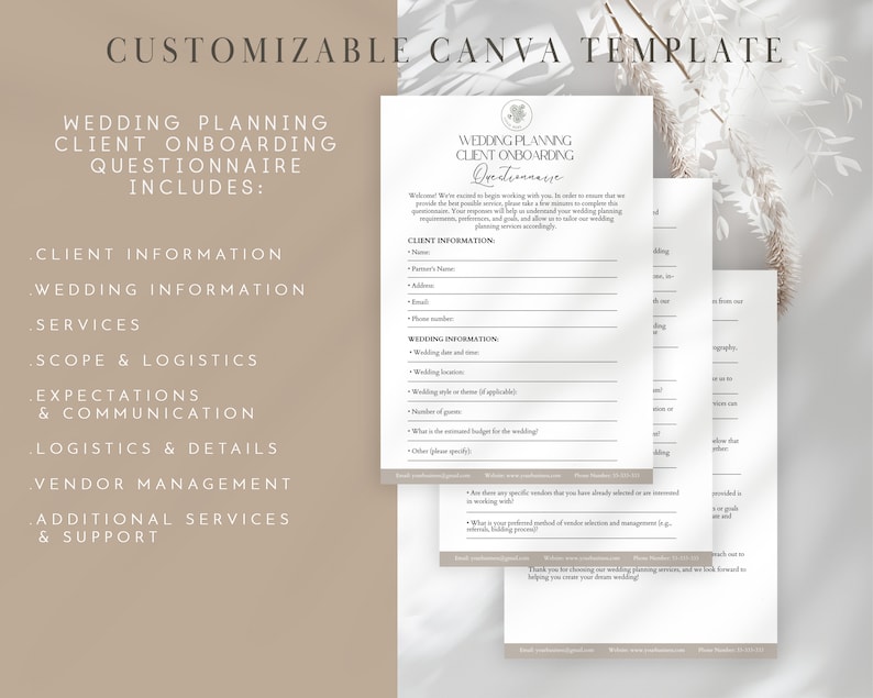 May include: A customizable Canva template for wedding planning client onboarding questionnaires. The template includes sections for client information, wedding information, services, scope and logistics, expectations and communication, logistics and details, vendor management, and additional services and support.