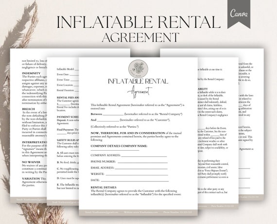 Inflatable Rental Agreement Template, Editable Inflatable Rental Contract, Bounce House Rental Agreement, Event Rental Agreement Pdf, Canva