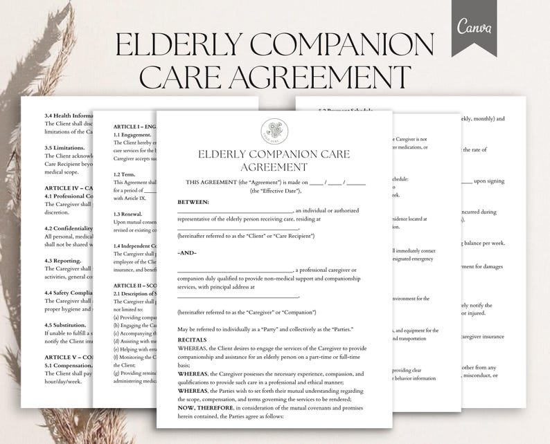 Elderly Companion Care Agreement Template, Senior Caregiver Contract ...