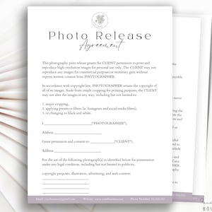 Professional Photography Print Release Agreement Template, Photo print release form,Photo Copyright Release, Photography Form Template Canva