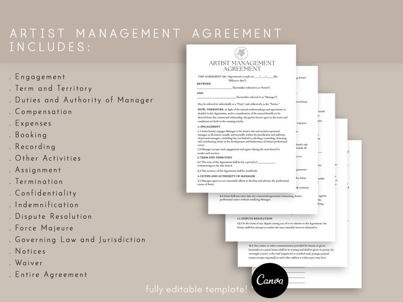 Artist Management Agreement, Talent Agency Contract, Personal Manager Agreement, Band Manager Agreement, pdf Canva image 4