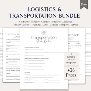 May include: A bundle of six editable transport contract templates, including dispatch, broker-carrier, trucking, limo, medical transport, and service. The documents are white with black text, and the bundle includes 36 pages.