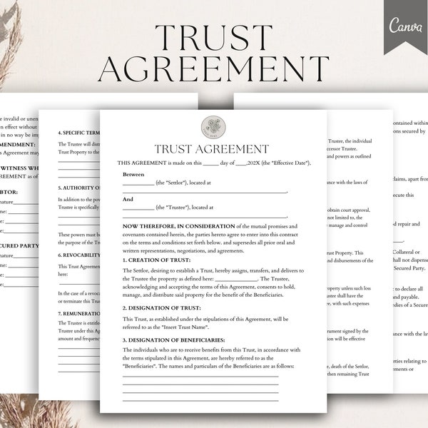 Editable Trust Agreement Template, Trust Contract forms, Living Trust Covenant, Trust  Agreement Forms, Pdf, Canva