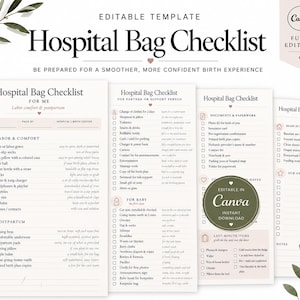 May include: An editable digital template for a Hospital Bag Checklist, featuring sections for labor, postpartum, partner needs, and baby essentials. The document includes checkboxes and lists with headings in black text on a white background with soft pink accents.