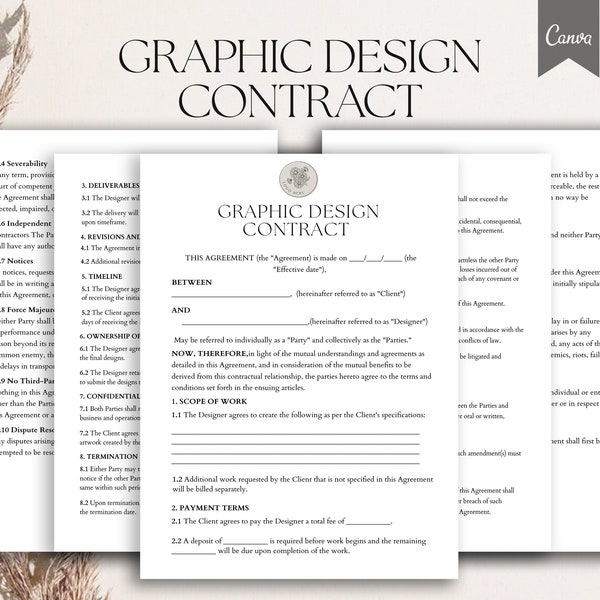 Graphic Design Contract Template, Freelance Graphic Designer Agreement, Design Services form, Editable Designer contract Pdf, Canva