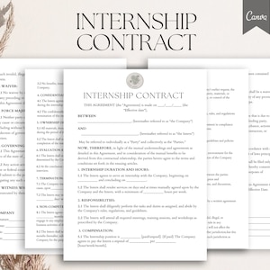 Internship Contract Template ,Internship Contract forms, Editable Student Intern Agreement, Employment Contract, Pdf, Canva