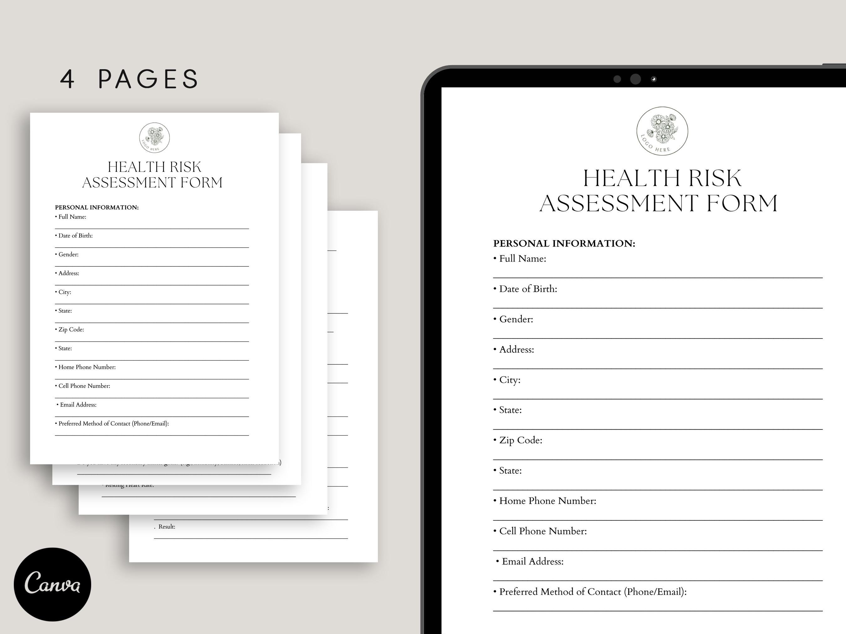 Health Risk Assessment Form Template, Pdf, Canva - Etsy