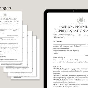 K&ouml;nnte beinhalten: Ein Fashion Model Agency Representation Agreement auf einem Tablet und auf neun Seiten gedruckt. Das Dokument enth&auml;lt Text und ein florales Logo. Das Canva-Logo ist unten links sichtbar.