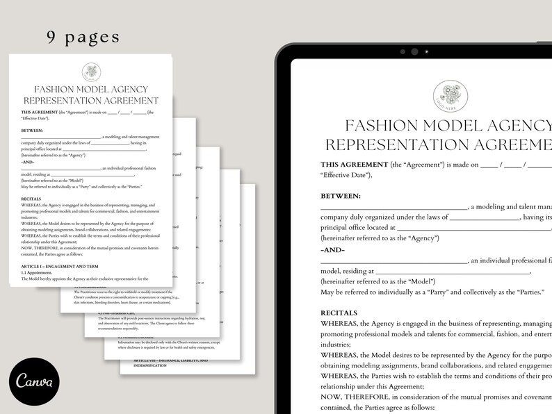 K&ouml;nnte beinhalten: Ein Fashion Model Agency Representation Agreement auf einem Tablet und auf neun Seiten gedruckt. Das Dokument enth&auml;lt Text und ein florales Logo. Das Canva-Logo ist unten links sichtbar.