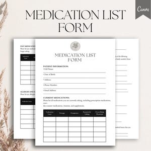 Medication List Form Template,Pdf, Canva