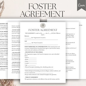 May include: A black and white legal document titled "Foster Agreement". The document outlines the terms and conditions of a foster agreement between an organization and a foster. The document includes sections for training, social media, breach of agreement, acknowledgement, severability, amendments, and term of agreement.