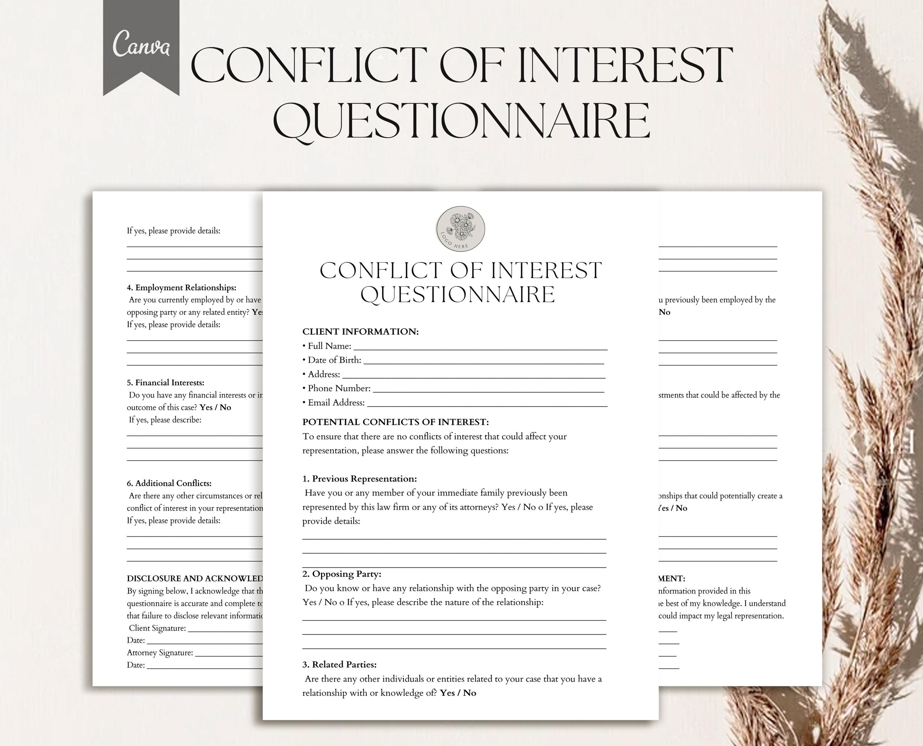 Conflict of Interest Questionnaire Form Template, Pdf, Canva - Etsy ...