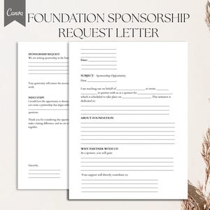 Puede incluir: Documento de dos páginas titulado "FOUNDATION SPONSORSHIP REQUEST LETTER" con el logotipo de Canva. El documento incluye secciones para solicitudes de patrocinio, próximos pasos y detalles sobre la fundación y las oportunidades de asociación. El texto es negro sobre fondo blanco.