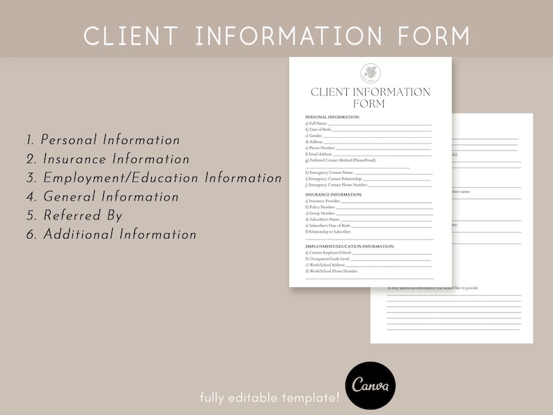 Client Information Form Template, Customer Information Form, Pdf, Canva ...