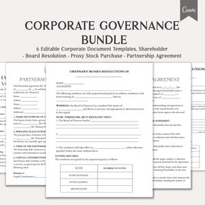 May include: A bundle of six editable corporate document templates, including shareholder agreements and board resolutions. The documents are printed on white paper with black text. The title "Corporate Governance Bundle" is at the top.