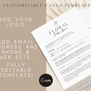 May include: A customizable Canva template for floral design services. The design features a contract with the text "Floral Design Agreement" and instructions to add a logo, email address, phone number, and website. The template is fully editable.