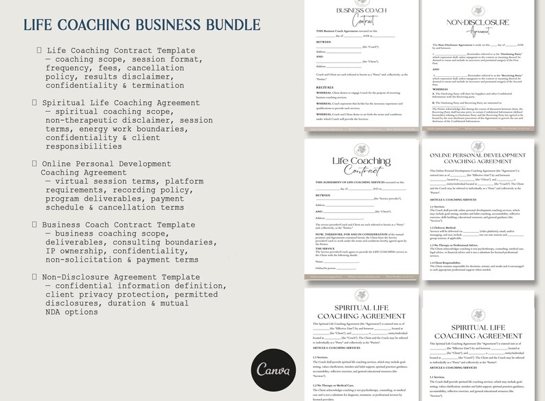 Life Coaching Business Bundle, 5 Editable Life Coach Contract Templates ...