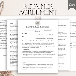 May include: A black and white legal document titled "Retainer Agreement". The document outlines the terms and conditions of a service agreement between a client and a service provider. The document includes sections for fees, expenses, confidentiality, and termination.