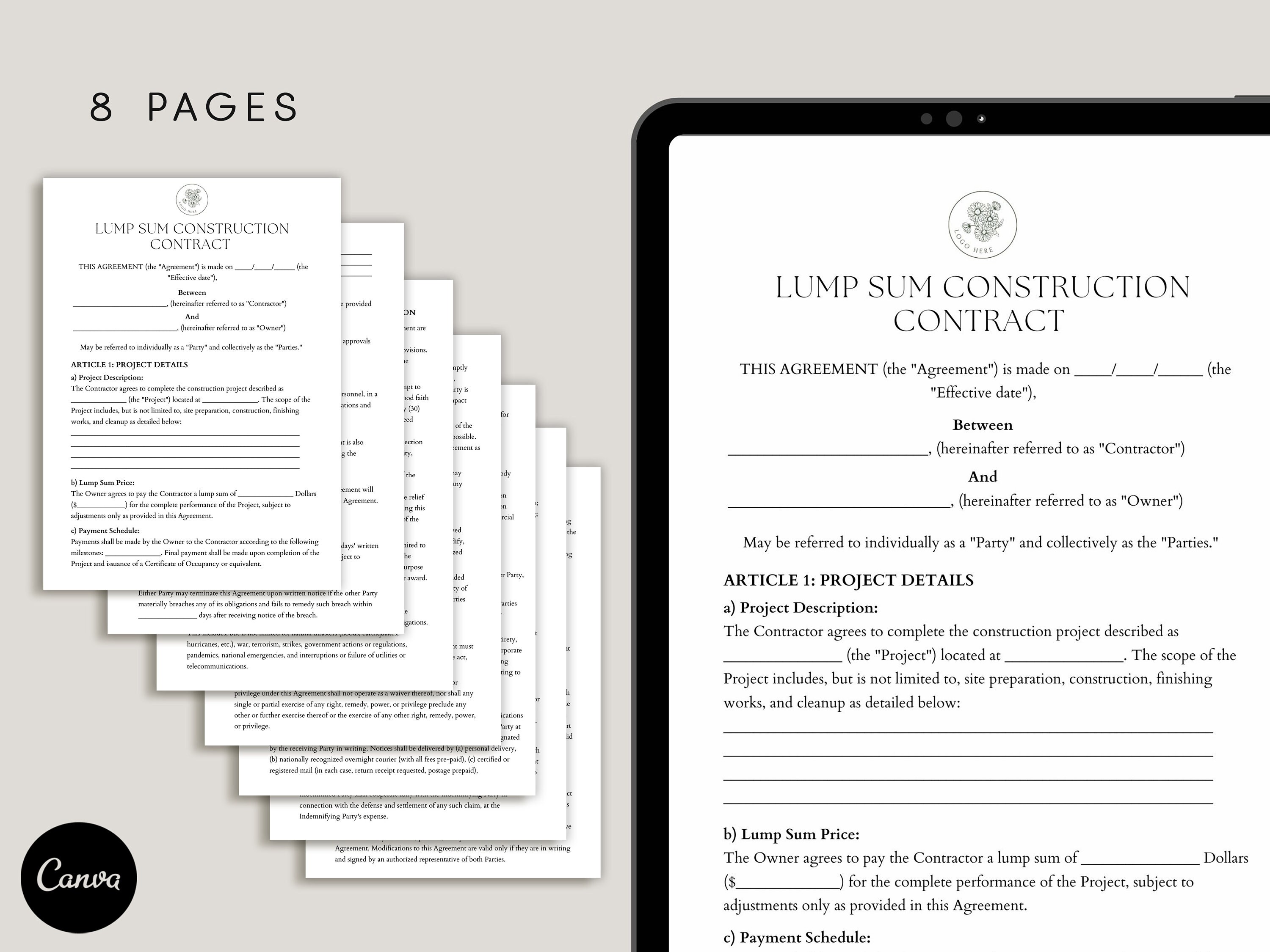 Contract Sum Example Lump Sum Construction Contract, Fixedprice Construction Agreement ...