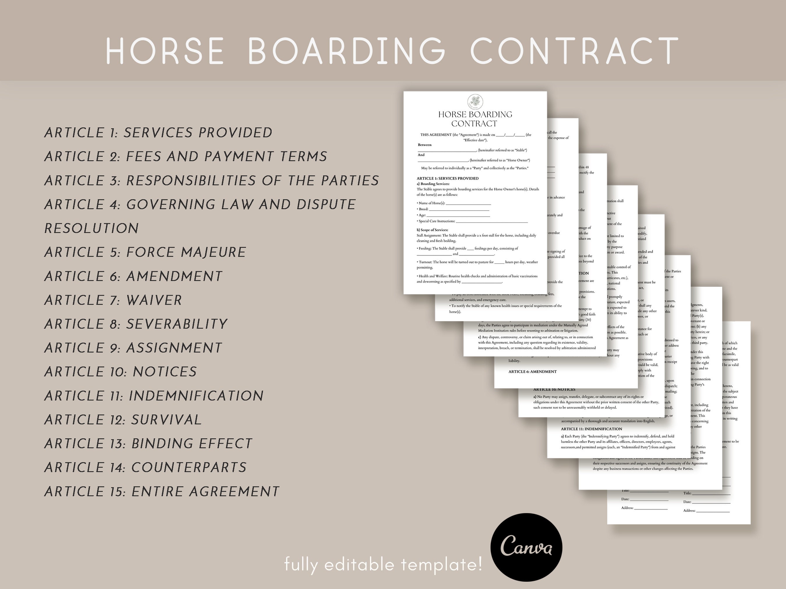 Horse Boarding Contract Template, Equine Boarding Agreement, Stable