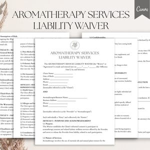 Könnte beinhalten: Haftungsausschluss für Aromatherapie-Dienstleistungen mit Text. Das Dokument enthält Abschnitte für Kunden- und Aromatherapeuteninformationen sowie Details zu Aromatherapie-Dienstleistungen, Verantwortlichkeiten und Verzichtserklärungen. Das Dokument ist auf weißem Papier gedruckt.