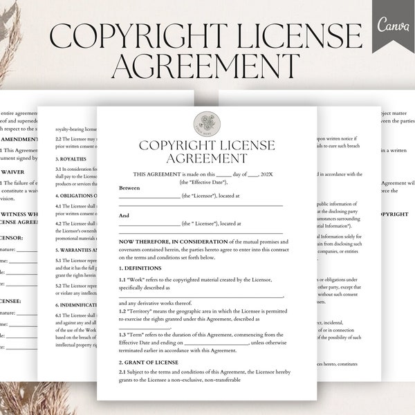 Copyright License Agreement Editable Template, Licensing Agreement, Royalty Contract, Editable Copyright Agreement, Pdf,Canva