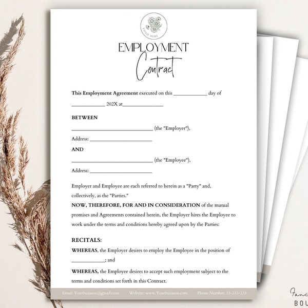 Editable Employee Contract template, Employment Agreement Form, Small Business Employee Agreement, Hiring Contract, New Hire Forms, Canva