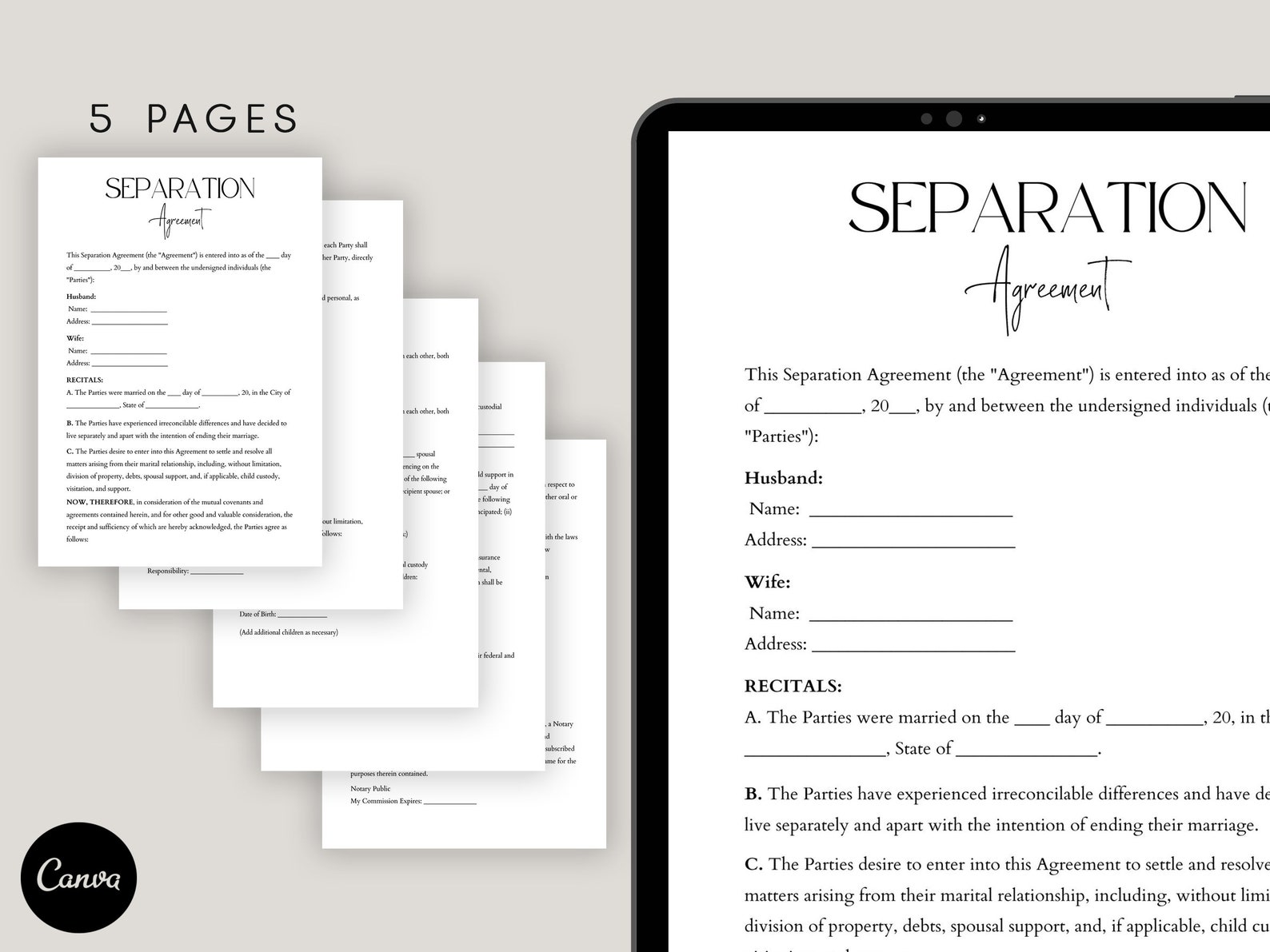 Separation Pay Example Editable Separation Agreement Template, Divorce Settlement Agreement ...
