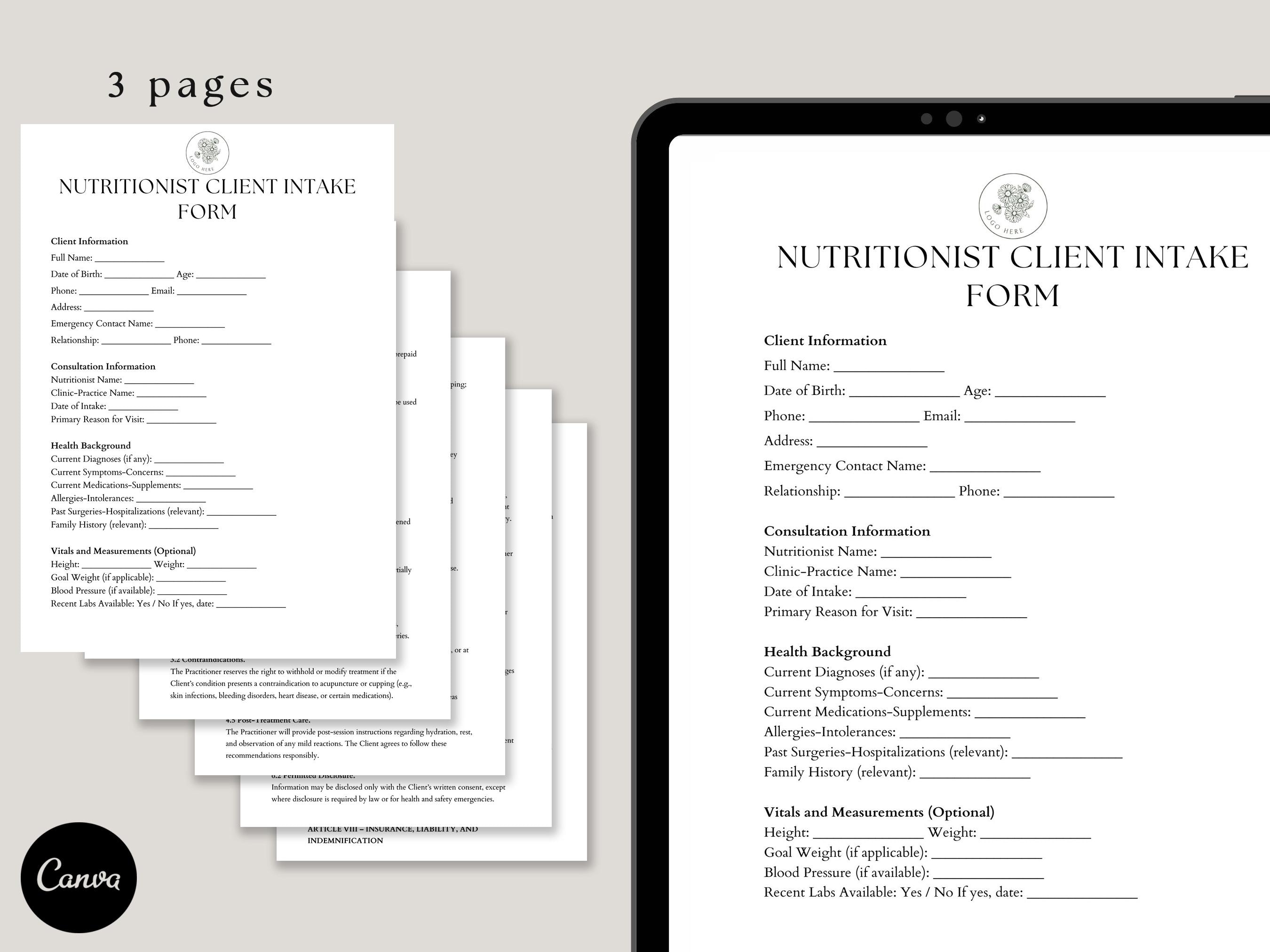 Nutritionist Client Intake Form Template, Nutrition Consultation Intake ...
