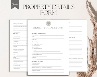 Pode incluir: Um formulário de detalhes de propriedade imprimível com seções para informações da propriedade, serviços públicos e serviços, fornecedores de serviços e recursos da propriedade. O formulário inclui campos para o endereço da propriedade, o tipo de propriedade, o número de quartos, o número de banheiros, a área, o tamanho do lote, o ano de construção, o tipo de piso, os recursos da cozinha e os recursos do banheiro.