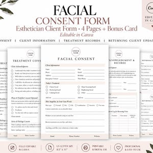 Pode incluir: Um conjunto de quatro formulários de consentimento facial imprimíveis e um cartão bónus em formato A4. Os documentos incluem secções para informações do cliente, registos de tratamento e atualizações, totalmente editáveis no Canva.