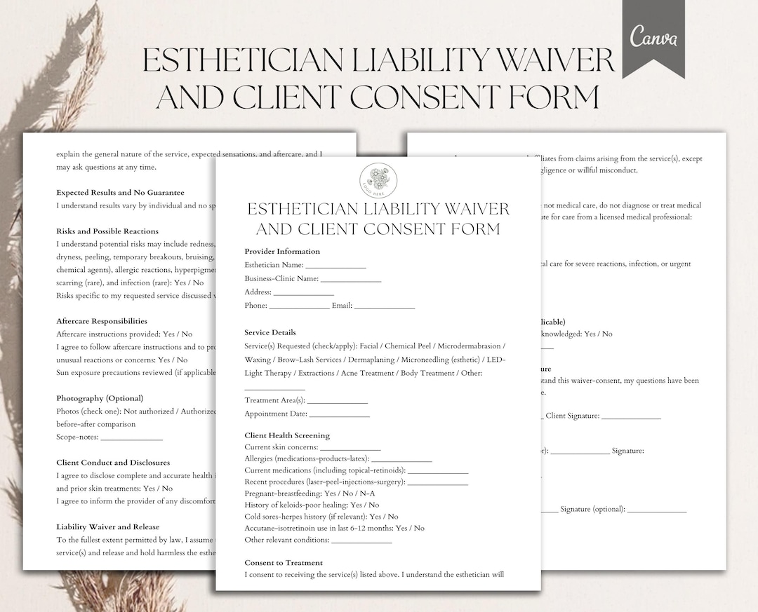Esthetician Liability Waiver and Client Consent Form, Facial Treatment ...