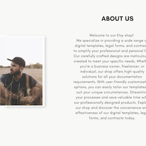 Puede incluir: Un hombre con una gorra negra y una camisa azul oscuro se sienta en un campo de hierba alta. El texto "ABOUT US" est&aacute; en letras grandes y negritas en la parte superior de la imagen. El texto de abajo describe la tienda Etsy y sus productos.