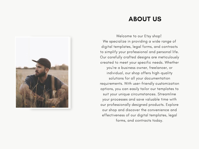 Puede incluir: Un hombre con una gorra negra y una camisa azul oscuro se sienta en un campo de hierba alta. El texto "ABOUT US" est&aacute; en letras grandes y negritas en la parte superior de la imagen. El texto de abajo describe la tienda Etsy y sus productos.