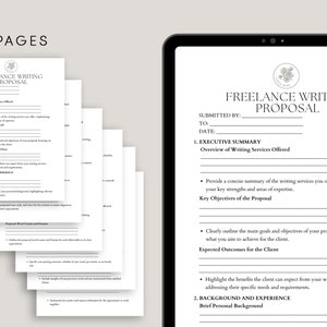May include: A six-page freelance writing proposal template with a black and white design. The template includes sections for an executive summary, key objectives, expected outcomes, background and experience, and a brief personal background.