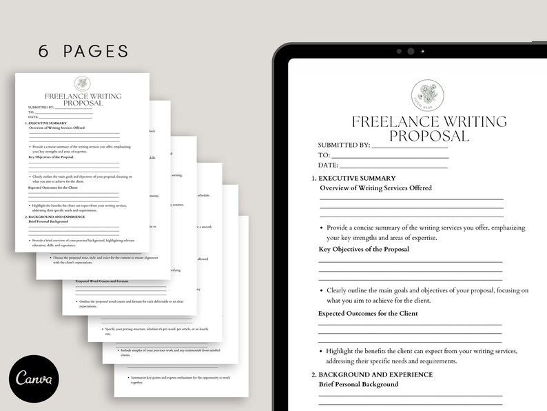 May include: A six-page freelance writing proposal template with a black and white design. The template includes sections for an executive summary, key objectives, expected outcomes, background and experience, and a brief personal background.