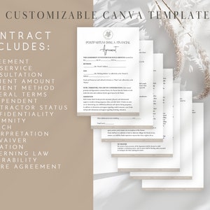 May include: A customizable Canva template for a contract agreement. The contract includes sections for agreement, the service, consultation, payment amount, payment method, general terms, independent contractor status, confidentiality, indemnity, breach, interpretation, no waiver, variation, governing law, severability, and entire agreement.