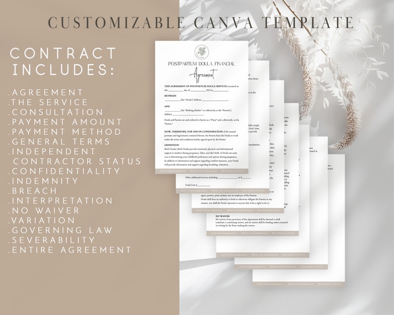 May include: A customizable Canva template for a contract agreement. The contract includes sections for agreement, the service, consultation, payment amount, payment method, general terms, independent contractor status, confidentiality, indemnity, breach, interpretation, no waiver, variation, governing law, severability, and entire agreement.