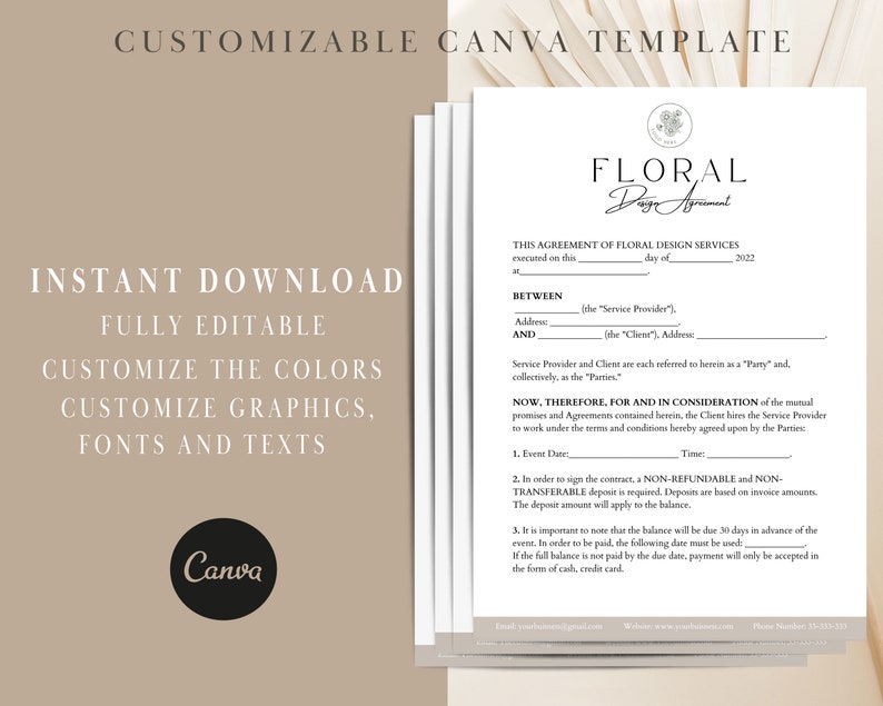 May include: A stack of white paper documents with text, including "FLORAL Design Agreement" and "INSTANT DOWNLOAD." The documents are on a beige background. The Canva logo is visible.