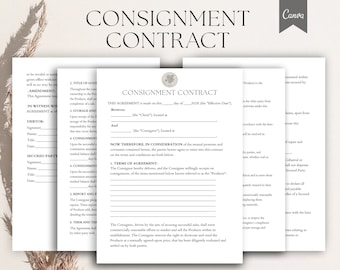Contrat de consignation modifiable, contrat de consignation de produit, convention de consignation, formulaires de consignation pdf, Canva