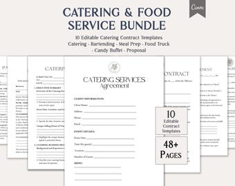 Catering Food Service Bundle, 10 Editable Catering Contract Templates, Proposal, Bartending, Meal Prep, Food Truck, Candy Buffet Forms
