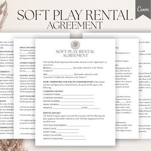 May include: A black and white printable soft play rental agreement form with the title "Soft Play Rental Agreement" and sections for company details, rental details, and event information.