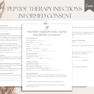 May include: A stack of white, printed forms titled "PEPTIDE THERAPY INJECTIONS INFORMED CONSENT." The forms include sections for patient information, treatment overview, and disclosures. The Canva logo is in the upper right corner.