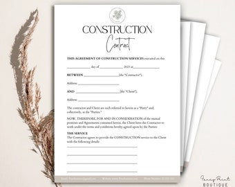 Editable Construction Contract Form, Contractor Contract Template, General Contractor Agreement Template, Independent Construction Contract