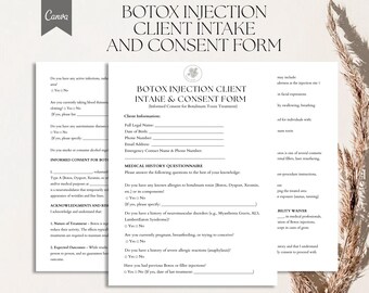 Puede incluir: Un formulario de admisión y consentimiento para la inyección de Botox imprimible con secciones para la información del cliente, un cuestionario de historial médico, un consentimiento informado y una exención de responsabilidad. El formulario incluye preguntas sobre alergias, historial médico y tratamientos previos con Botox.