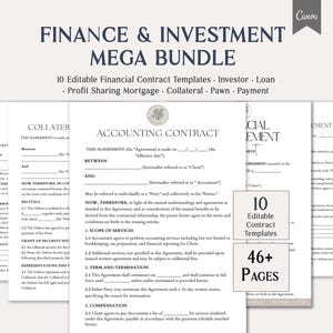 Puede incluir: Un paquete de plantillas de contratos financieros. La imagen muestra varias páginas blancas con texto, incluido un contrato de contabilidad. El texto incluye "Finance & Investment Mega Bundle" y "10 Editable Contract Templates".
