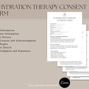 Puede incluir: Un conjunto de formularios de consentimiento para terapia de hidrataci&oacute;n IV en blanco, con informaci&oacute;n del cliente, tratamiento e historial m&eacute;dico. Sobre un fondo beige. El logotipo de Canva est&aacute; en la esquina inferior derecha.
