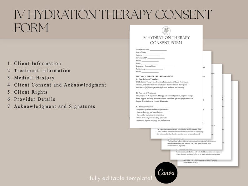 Puede incluir: Un conjunto de formularios de consentimiento para terapia de hidrataci&oacute;n IV en blanco, con informaci&oacute;n del cliente, tratamiento e historial m&eacute;dico. Sobre un fondo beige. El logotipo de Canva est&aacute; en la esquina inferior derecha.