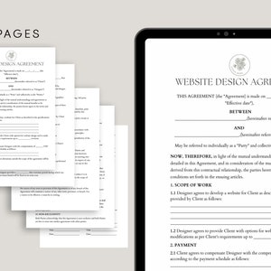 May include: Website design agreement contract template with a floral design on the top of the page. The text "Website Design Agreement" is in bold and large font. The contract includes sections for scope of work and payment.